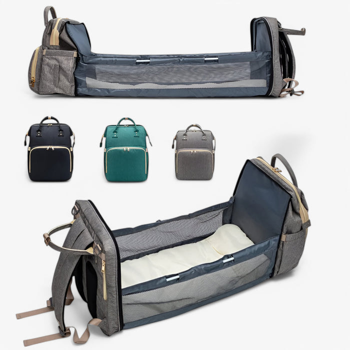Organiserad ryggsäckskötväska med avtagbar babysäng. Perfekt present till nyblivna föräldrar.