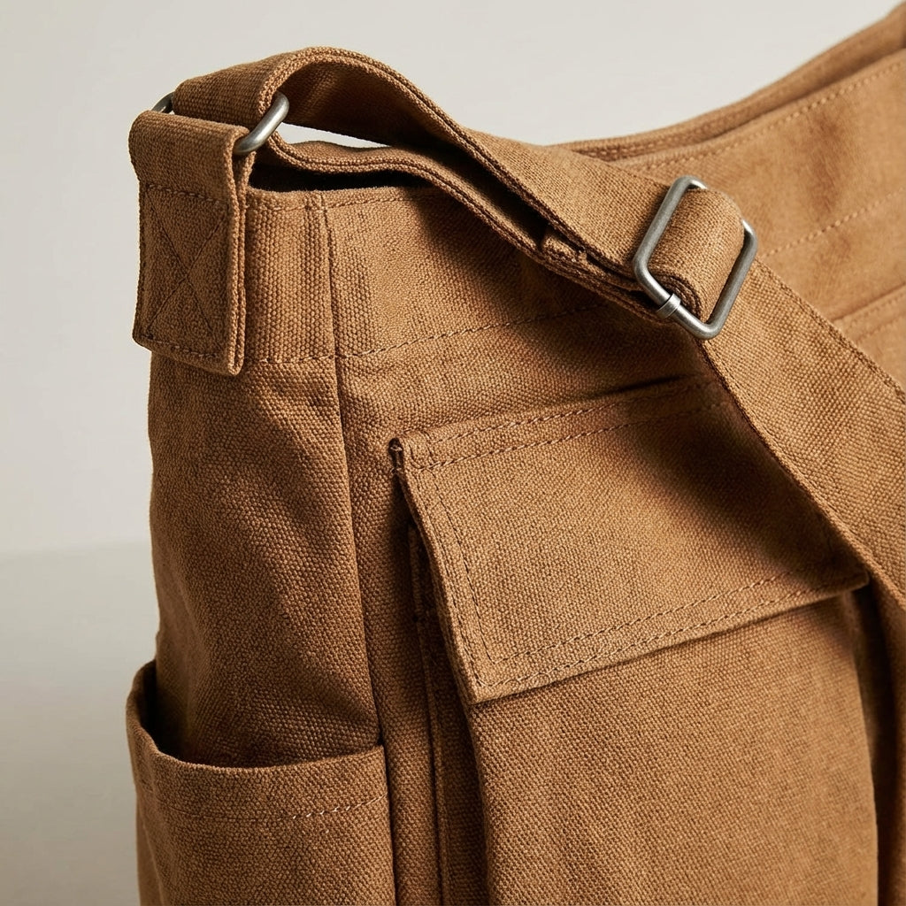 Praktisk studentväska Packlite. Unisex axelremsväska i lätt canvas, rymlig med multifack för böcker & prylar.