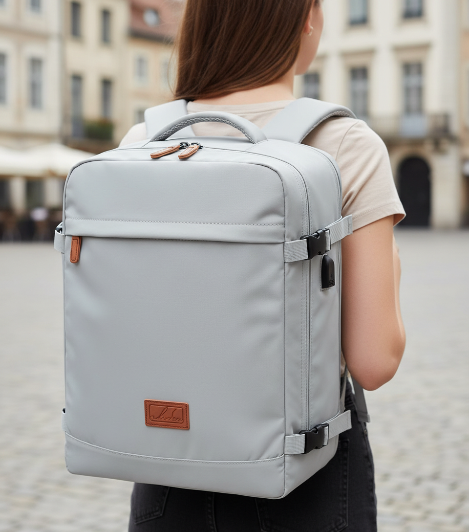 Unisex reseryggsäck, smart kabinbagage med USB-port. Optimerad för smidig laddning under flygresan.