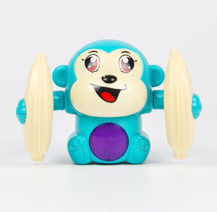 Unisex rullande apa babyleksak, gul och blå, uppmuntrar småbarns motorik med ljus och ljud.