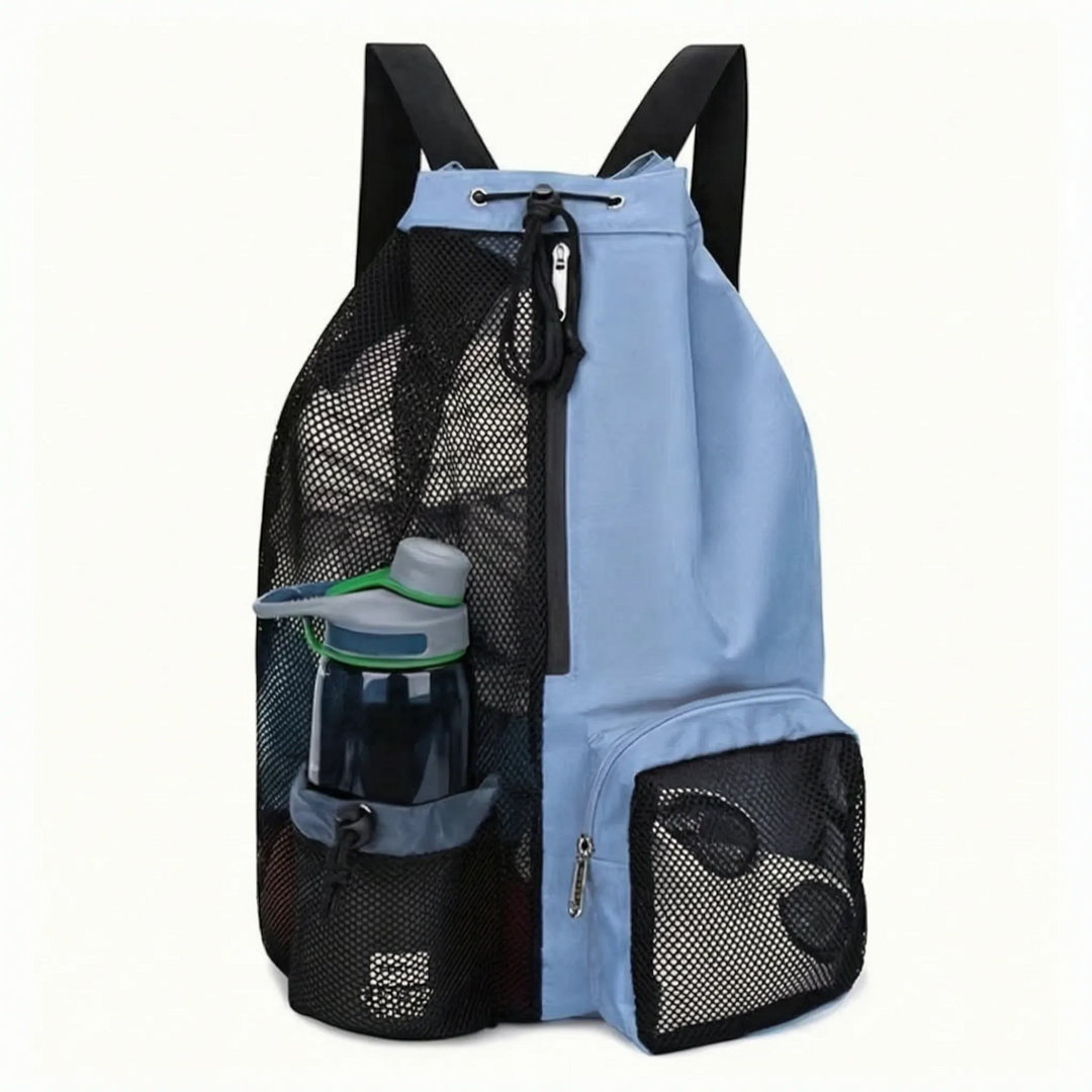 Nylon sportpåse med dragsko och separat våtfack, håller träningskläder torra, ventilerad design.
