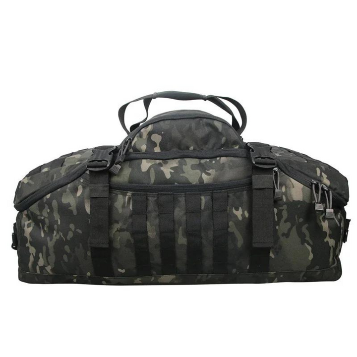 Unisex taktisk camo duffelväska, robust design för utomhusäventyr och militäranvändning.