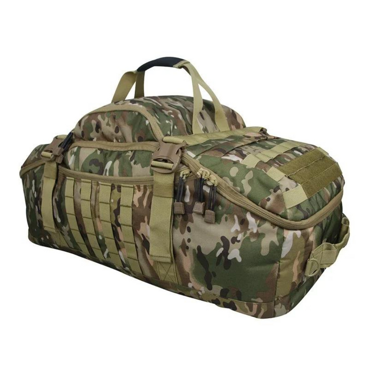 Kraftig taktisk camo duffelväska med justerbar axelrem, perfekt för militär, camping och vandring.