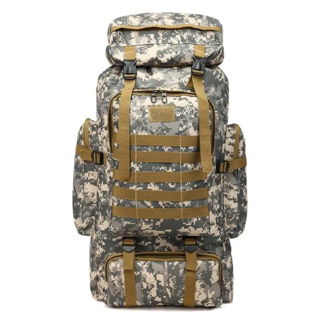 Taktisk kamouflagemönstrad vandringsryggsäck med MOLLE-system. Perfekt för camping och friluftsliv.
