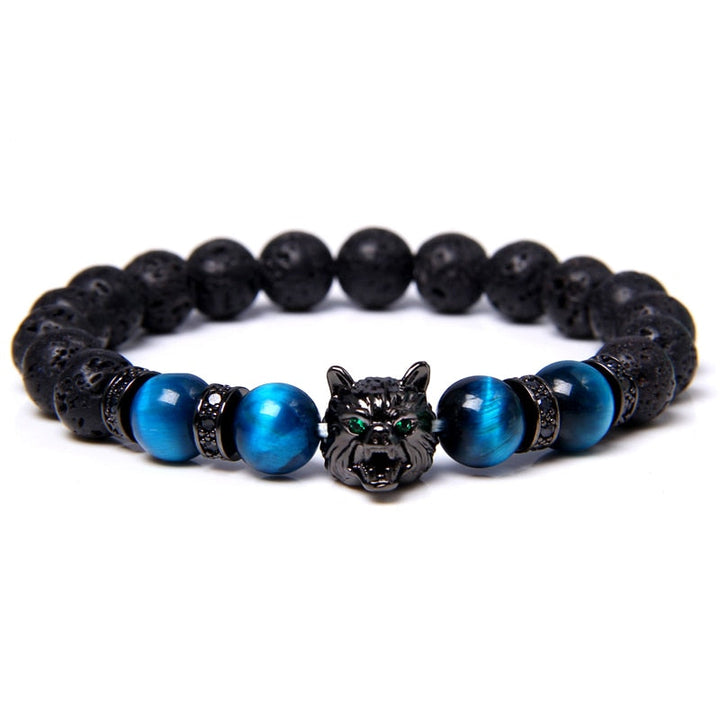 Unisex tigeröga armband med detaljerat vargmotiv. Natursten för styrka, lojalitet och skydd.