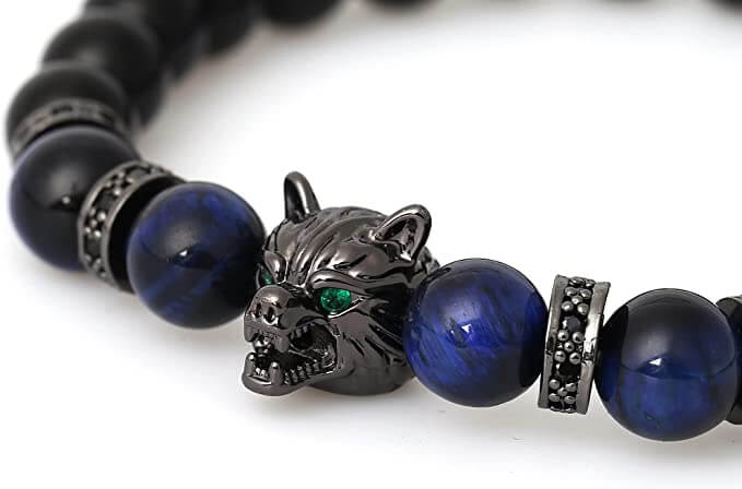 Elegant present: unisex tigeröga armband med varg för healing, skydd och lojalitet. Naturstenssmycke.