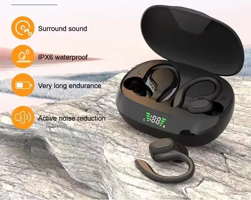 Svett- & vattentåliga trådlösa in-ear sporthörlurar, perfekta för aktiva träningspass.