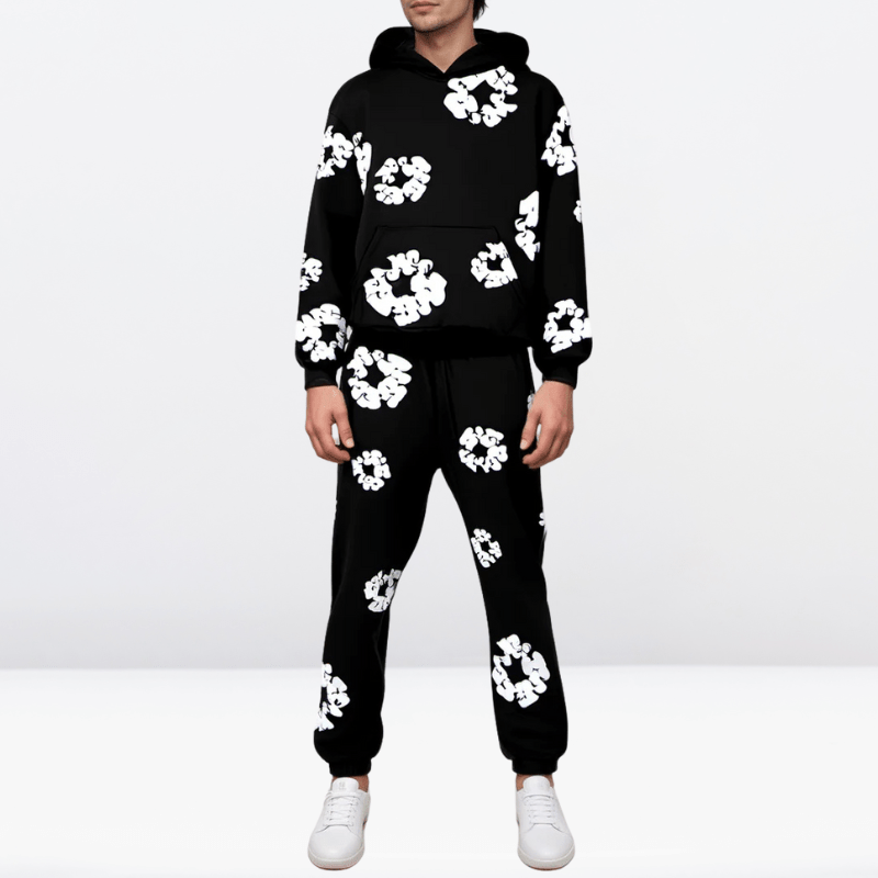Detaljbild av tyg och sömmar på den bekväma unisex träningsoverallen. Högkvalitativa fritidskläder för alla.