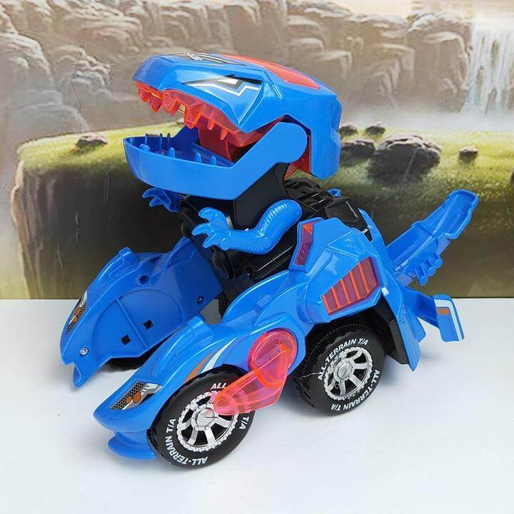 Detaljbild av en Transformer Dinosaurie LED leksaksbil som visar dess robot- och bilformer
