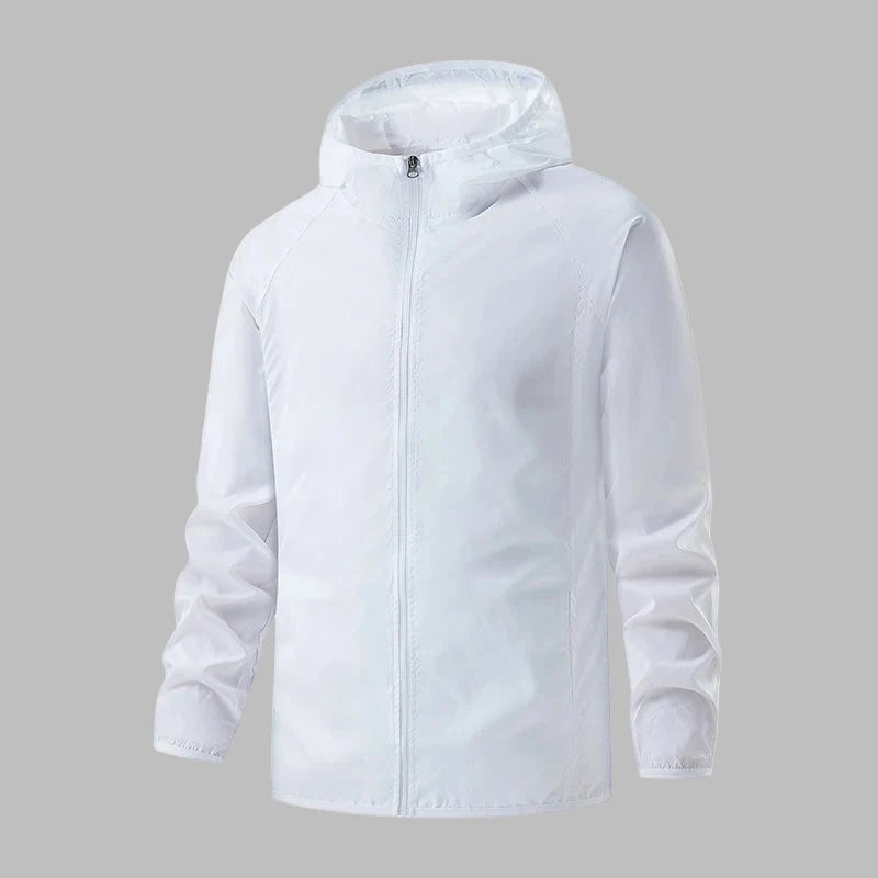 Detalj av vattentät unisex vandringsjacka med dragkedja. Solskyddande & vindtätt material.