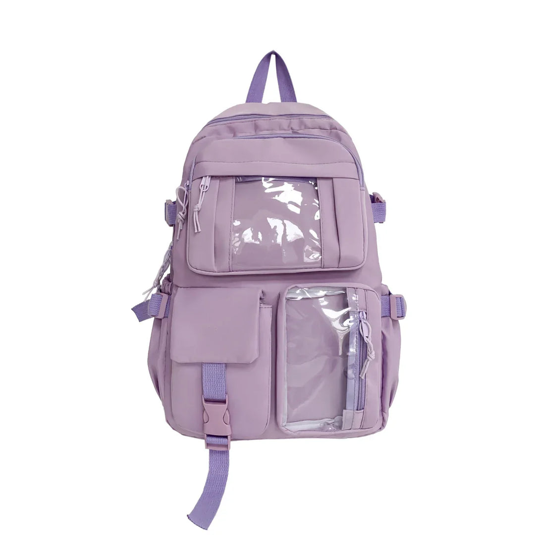 Modern unisex ryggsäck med display, tillverkad av oxfordtyg. Praktisk skolväska och stilren accessoar.