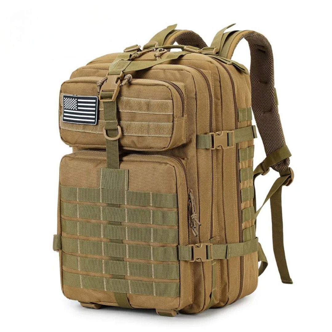 Baksida AdventurePack 50L taktisk ryggsäck, unisex, med bekväma axelremmar för vandring & resor.