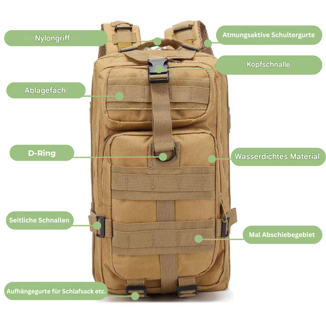 AdventurePack 50L taktisk ryggsäck i naturmiljö, perfekt för outdoor, vandring och äventyr.
