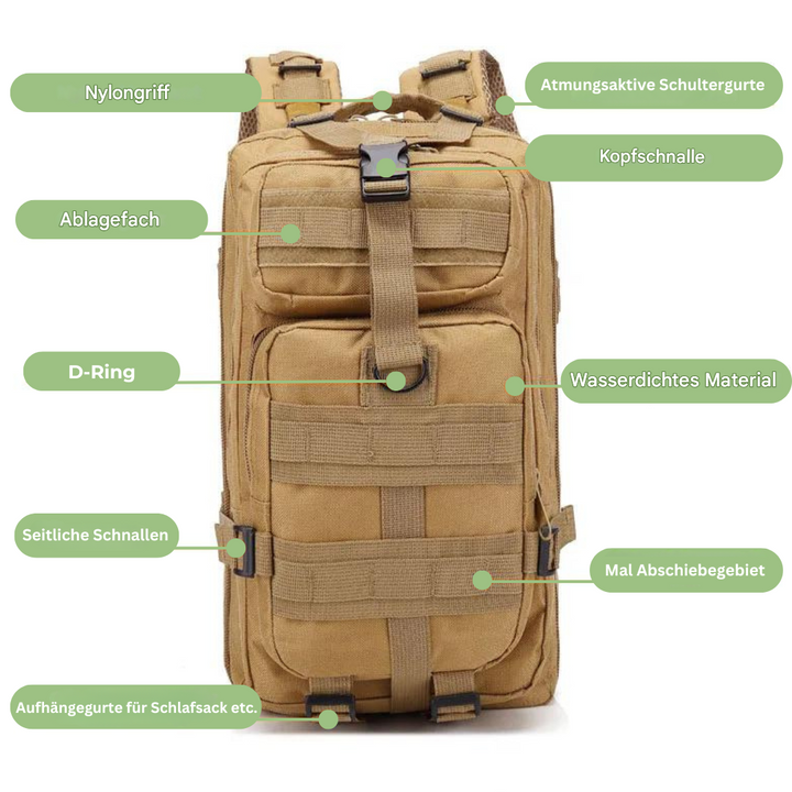 AdventurePack 50L taktisk ryggsäck i naturmiljö, perfekt för outdoor, vandring och äventyr.
