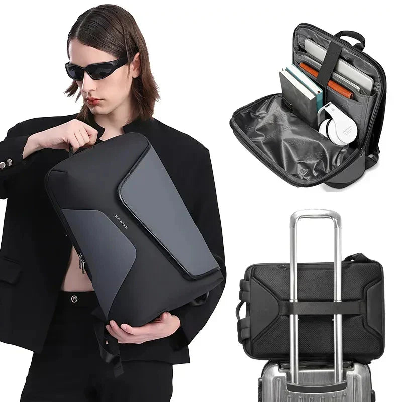 Modern unisex pendlarväska med USB-laddning och dedikerat laptopfack, svart och organiserad design.