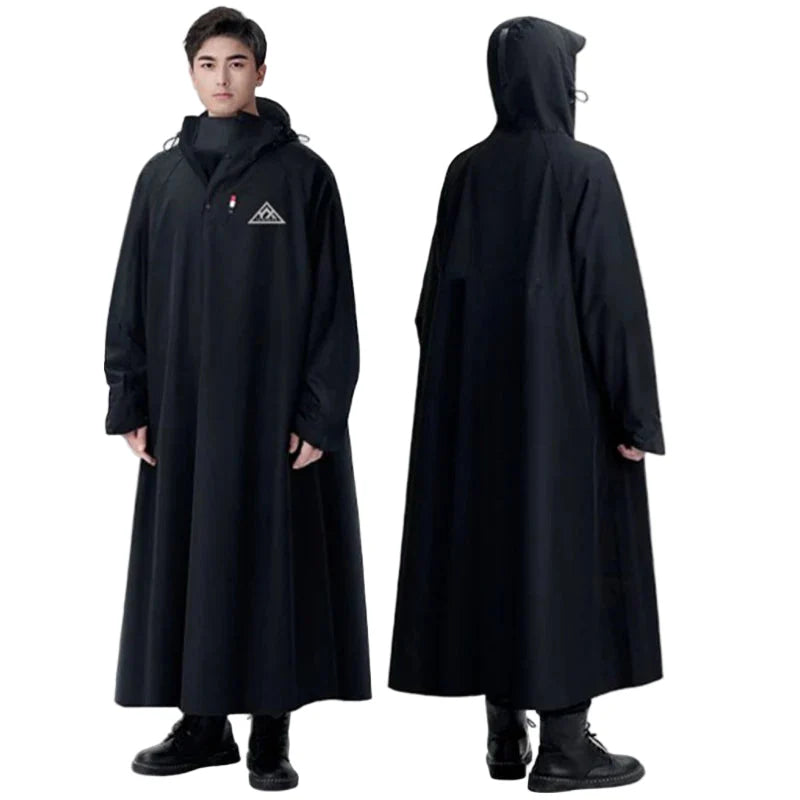 Unisex vattentät lång regnponcho med huva, perfekt för cykling och vandring i regn.