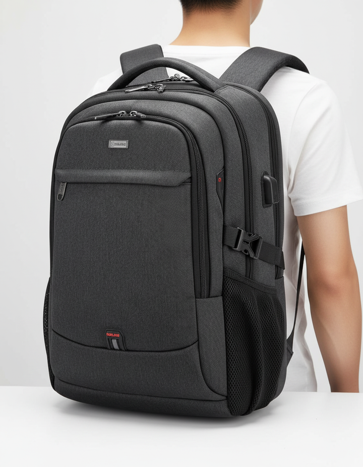 Modern laptopryggsäck med vattentät design, flera fack och en praktisk USB-laddningsfunktion.
