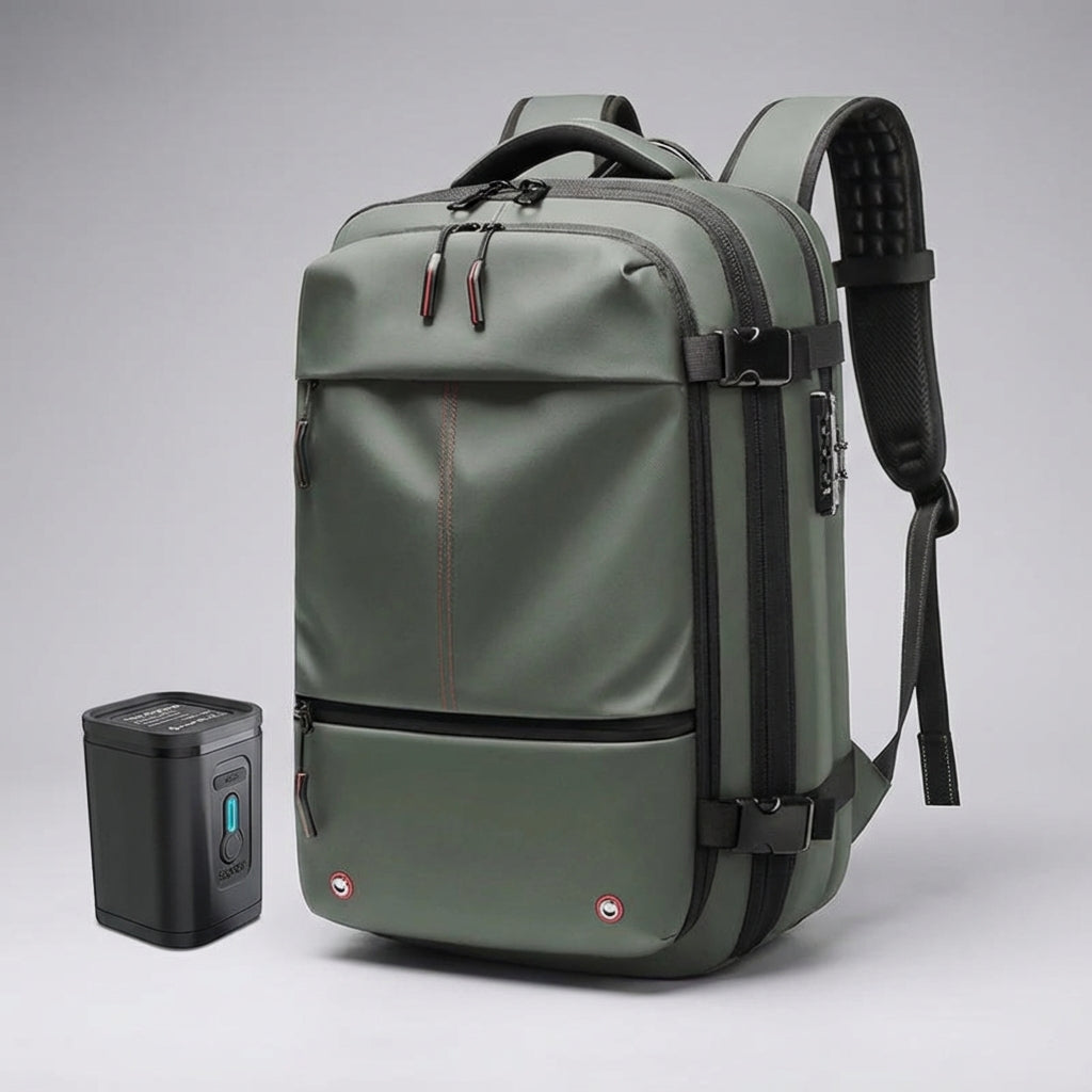 Unisex reseryggsäck på ryggen av person, vattentät och bekväm för långa resor med packning.