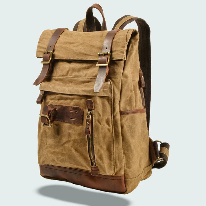 Vikbar unisex ryggsäck i vintage canvas/läder. Kompakt för resa, rymlig för laptop & vandringsutrustning.