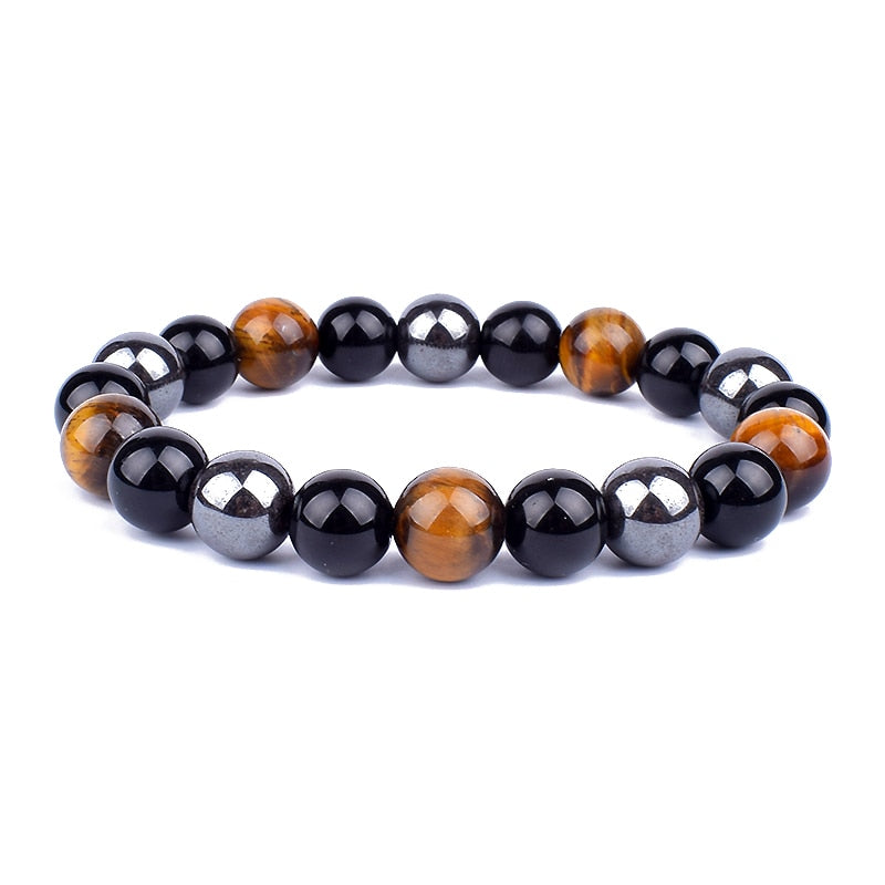 Unisexarmband med trippelskydd; tigeröga, hematit, svart obsidian. Naturliga stenar för energi och skydd.