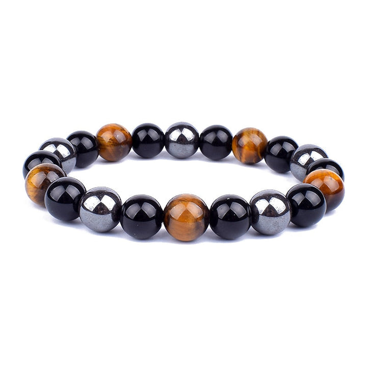 Unisexarmband med trippelskydd; tigeröga, hematit, svart obsidian. Naturliga stenar för energi och skydd.
