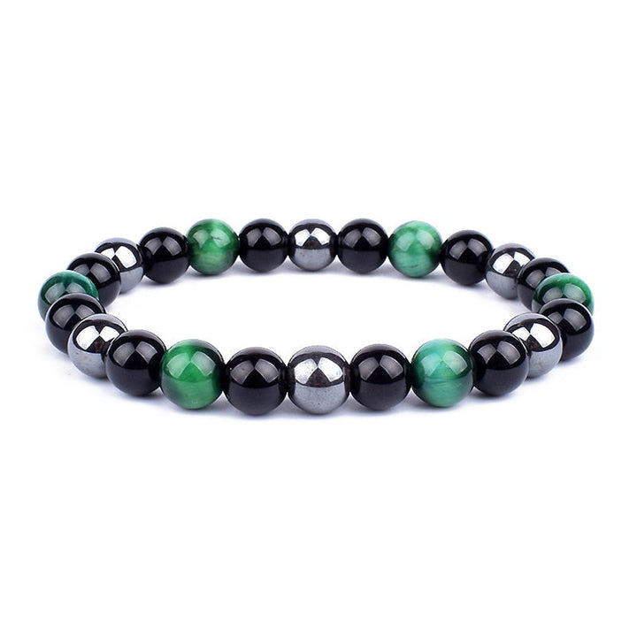 Herrarmband som visar kraften hos tigeröga, hematit och svart obsidian. Ett energigivande, skyddande chakraarmband.