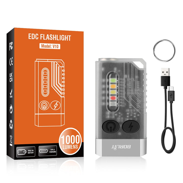 Kompakt överlevnadsficklampa med LED på nyckelring. Vattentät, uppladdningsbar för nödsituationer, EDC.