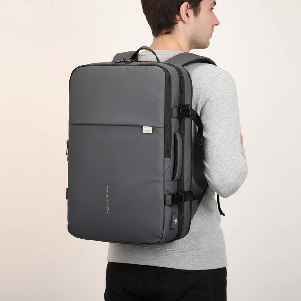 Robust vattenresistent TravelX reseryggsäck, utvidgbar unisex modell. Idealisk som handbagage för din laptop.