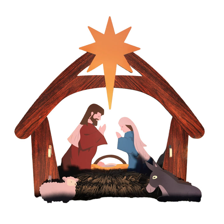 Väderbeständig utomhus julkrubba med Maria, Josef och Jesusbarnet. Perfekt juldekoration för trädgården.