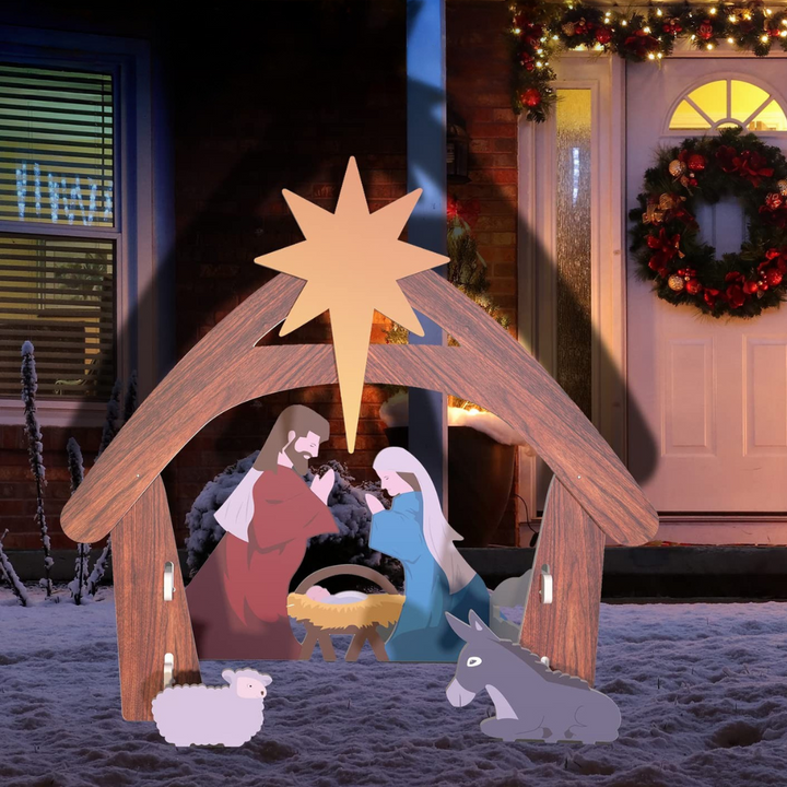 Traditionell julkrubba som religiös utomhusdekoration. Perfekt för advent i trädgården eller vid entrén.