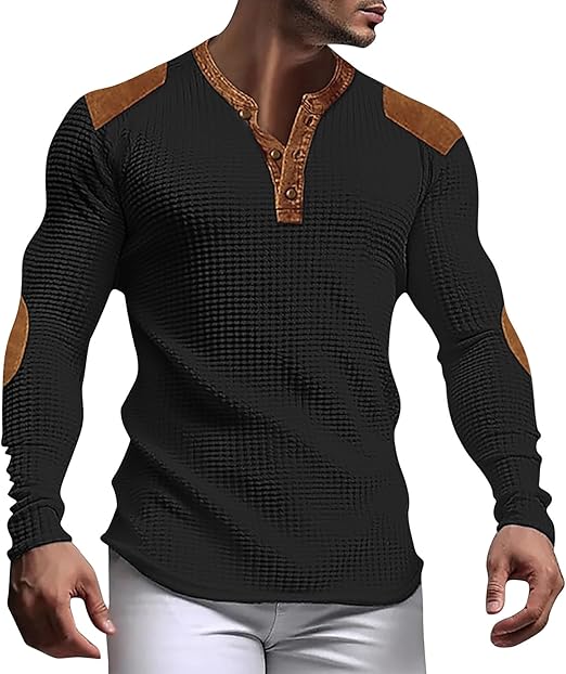 Bekväm våfflad henley tröja för män. Långärmad slim fit i mjukt tyg, perfekt som lager. Höst- och vårtröja.