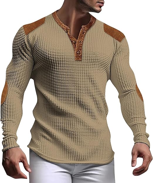 Stilren slim fit henley tröja för män. Våfflad textur, långärmad, idealisk för modern vardagslook. Mode män.