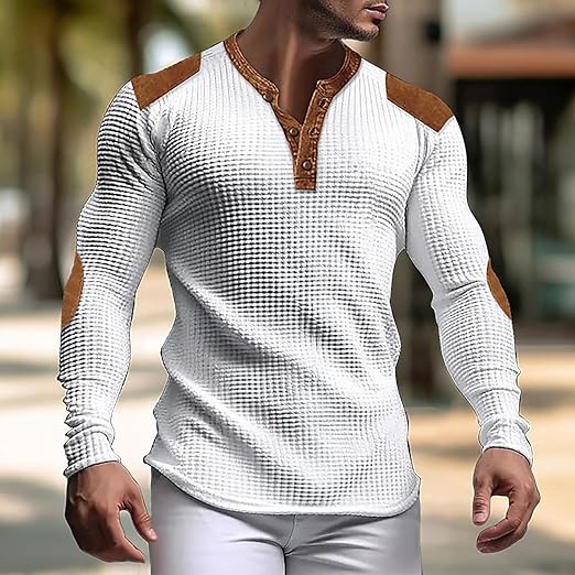 V-ringad våfflad henley tröja för män. Långärmad slim fit, bekväm vardagsstil för höst och vår. Mode män.
