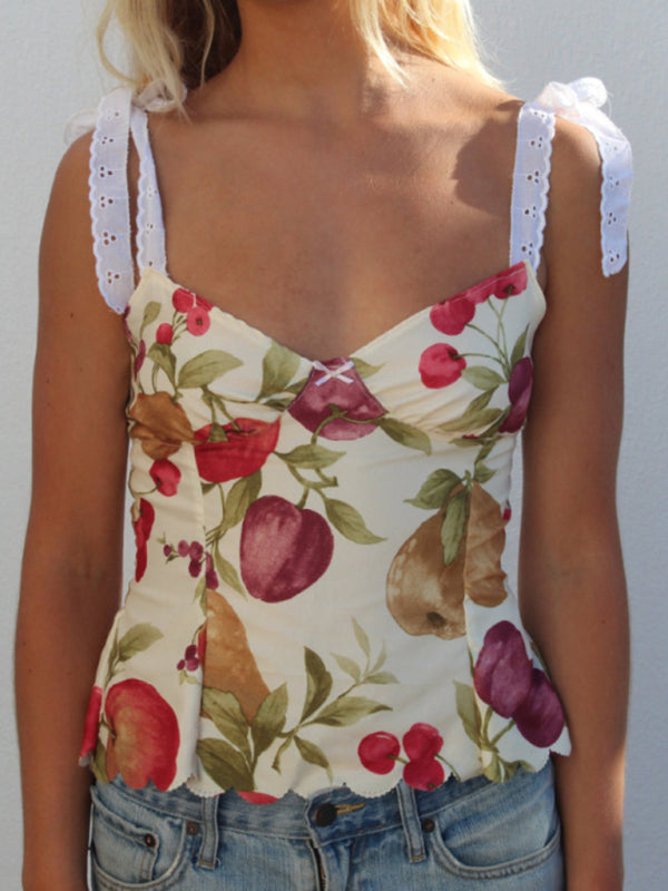 Blommig v-ringad cami topp för dam. Mångsidigt linne med knytband för sommar och bohemisk stil.