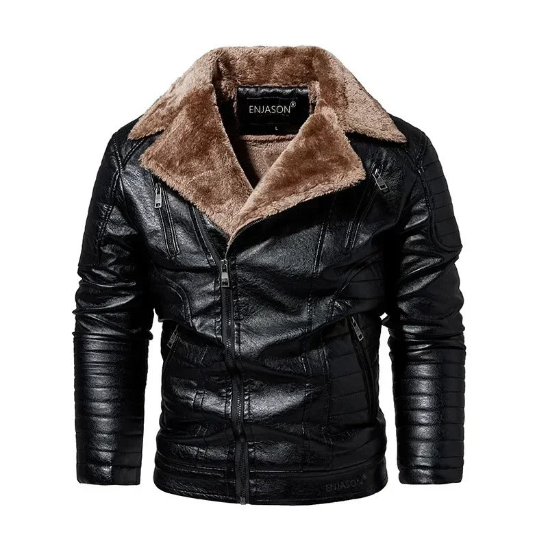 Varm herr vinterjacka med pälskrage. Stilren design för kalla dagar. Ytterplagg & herrmode.