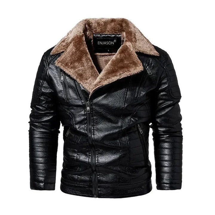 Varm herr vinterjacka med pälskrage. Stilren design för kalla dagar. Ytterplagg & herrmode.