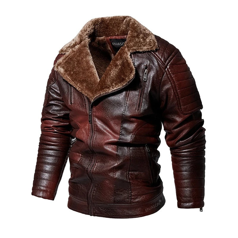 Man bär varm herr vinterjacka med pälskrage. Redo för kyla och snö. Stilrent herrmode.