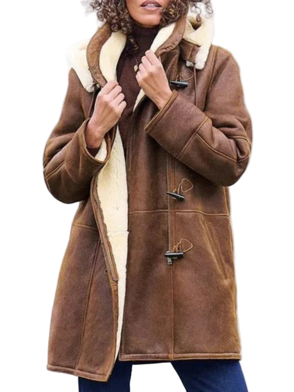 Varm kvinnors långjacka med huva, perfekt för kallt väder. Stilren och bekväm höst- och vinterkappa för vardagsstil.
