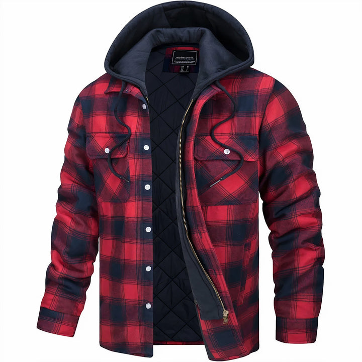Man i en bekväm, varm, quiltad flanelljacka. En rutig herrjacka perfekt för casual höst- & vinteroutfits.