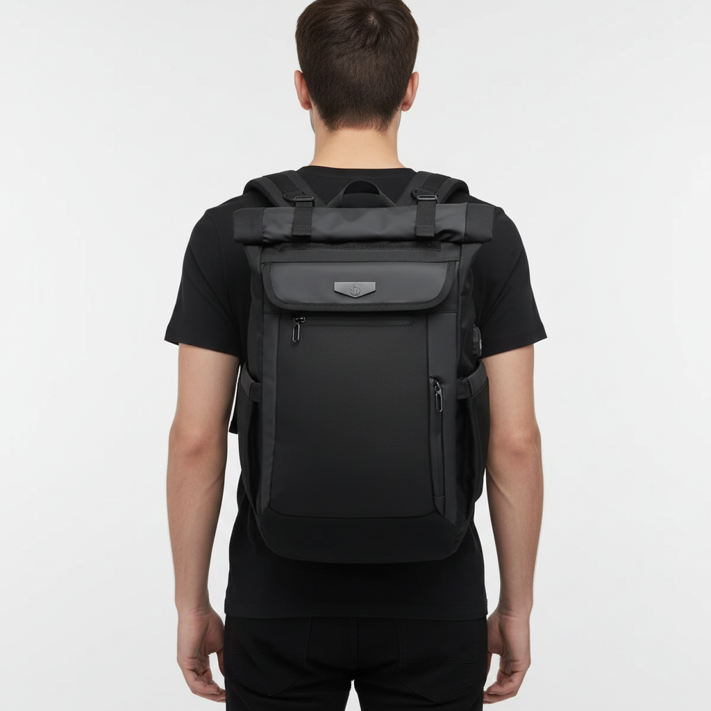 Mörk herrryggsäck 50l med laptopfack. Vattentålig reseryggsäck, slittålig för outdoor & pendling.