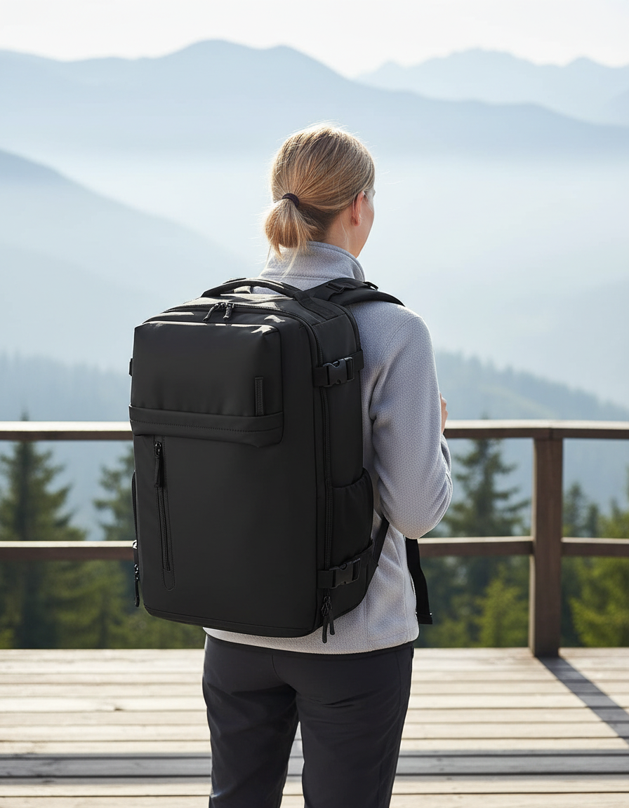 Vattentålig reseryggsäck med integrerat skofack och laptopfack, perfekt för organiserad packning på resor.