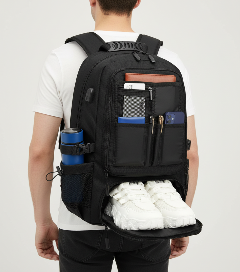 Unisex laptopryggsäck med vattentålig design, perfekt för affärsresor, skola och daglig pendling.