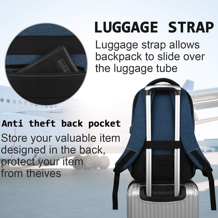 Reseryggsäck vattentålig, med plats för laptop och USB-laddningsfunktion.