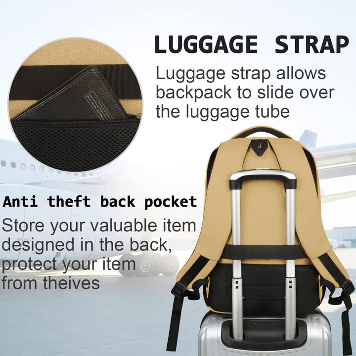 Modern vattentålig ryggsäck med USB-laddning och flera säkerhetsfickor.