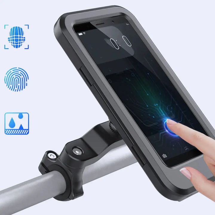 Cykel med monterad vattentät magnetisk mobilhållare, redo för utomhusäventyr