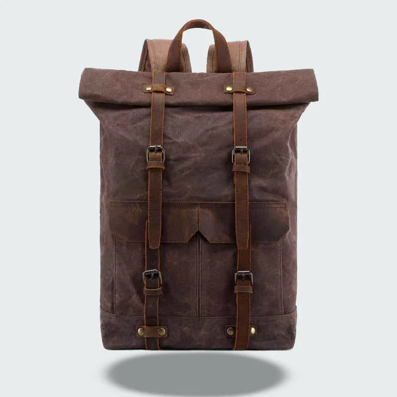 Herrryggsäck i vintage canvas och läder, vattentät. 20L ryggsäck för camping och pendling.