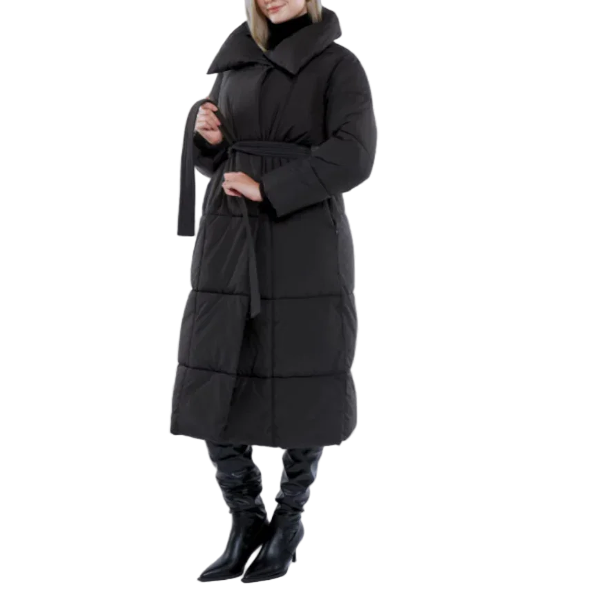 Vattentät lång damvinterjacka med bälte i stilren design, perfekt för kalla dagar. Varmt ytterplagg.