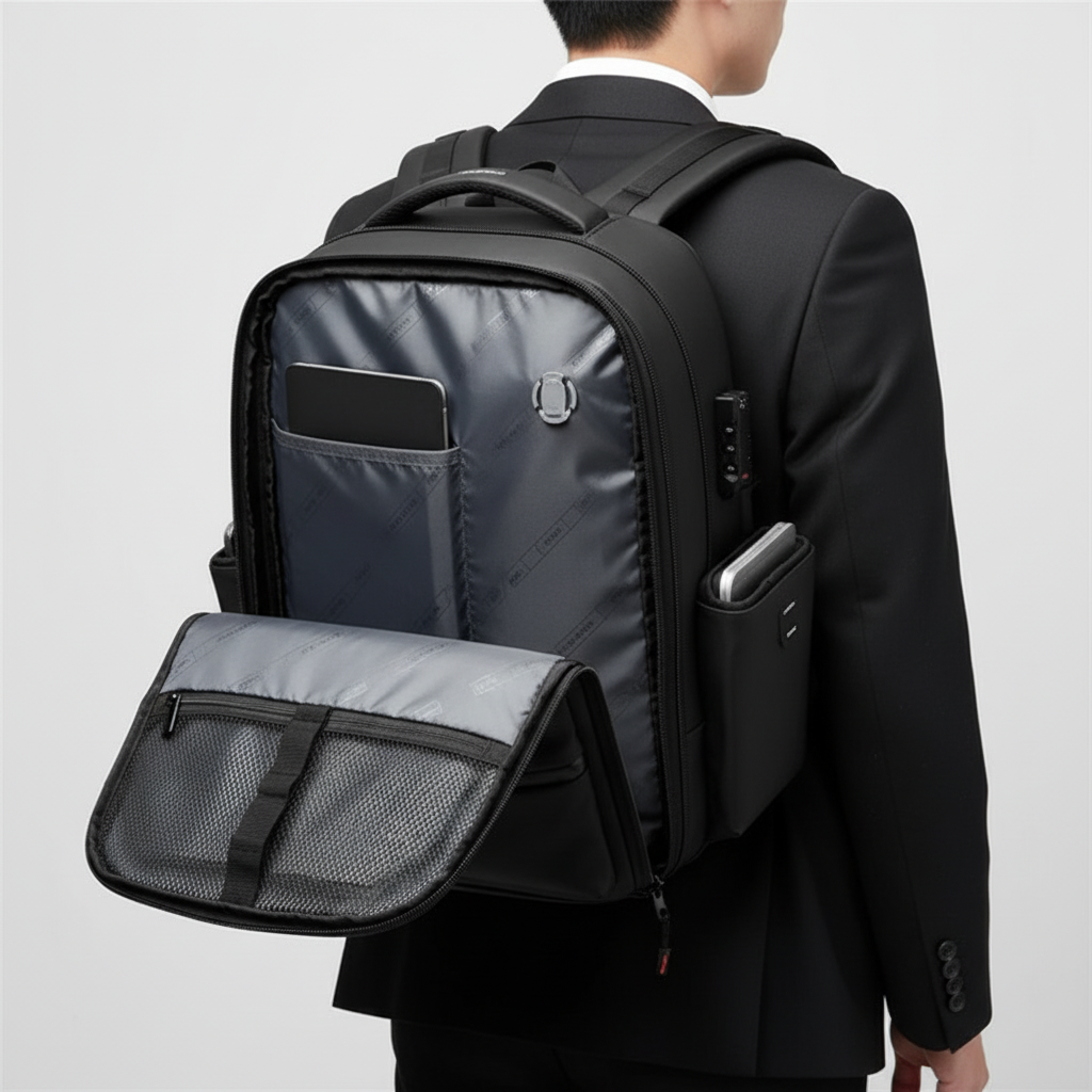 Svart vattentät ryggsäck med dedikerat laptopfack. Idealisk för arbete, pendling och skyddad packning.