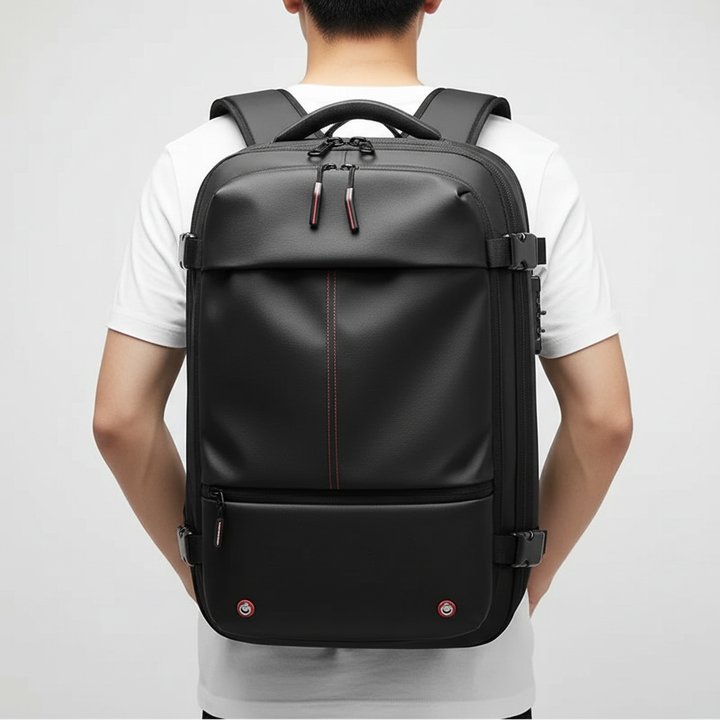 Unisex laptopryggsäck med kompression för kompakt packning. Vattentät och idealisk för resor.