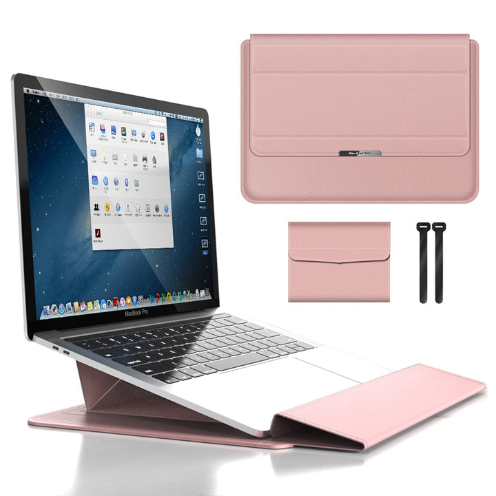 Skyddande resefodral för bärbar dator. Fungerar som laptopstativ för kontorsutrustning.